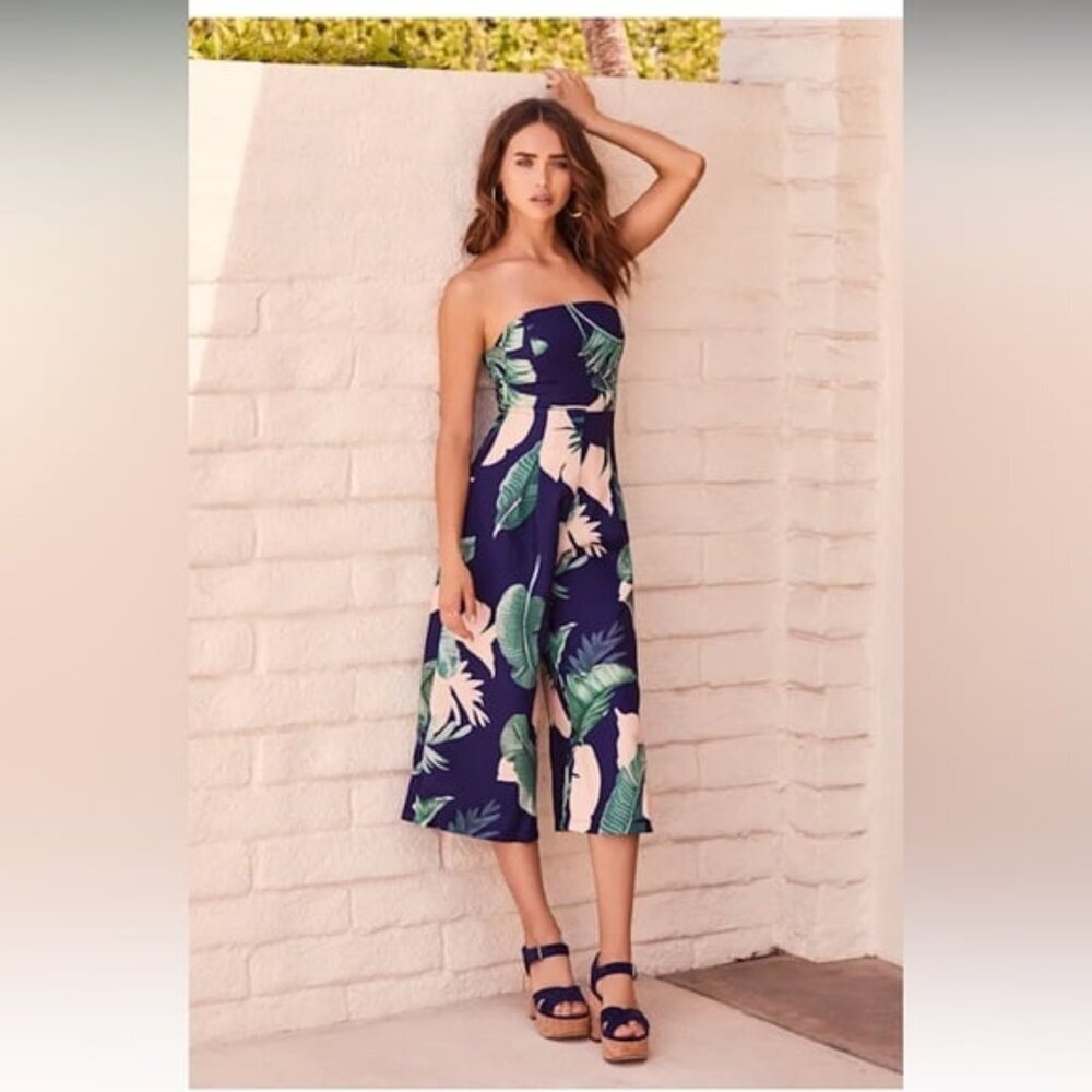 NWT Lulus Rainforest Blooms Navy Blue Print Strapless Midi Jumpsuit